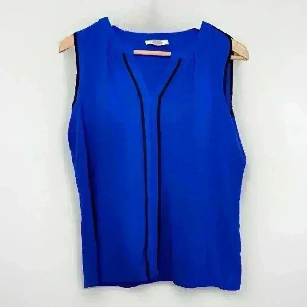 Calvin Klein Womans Sleeveless Semi Pleated V neck Top Color Cobalt Blue Small